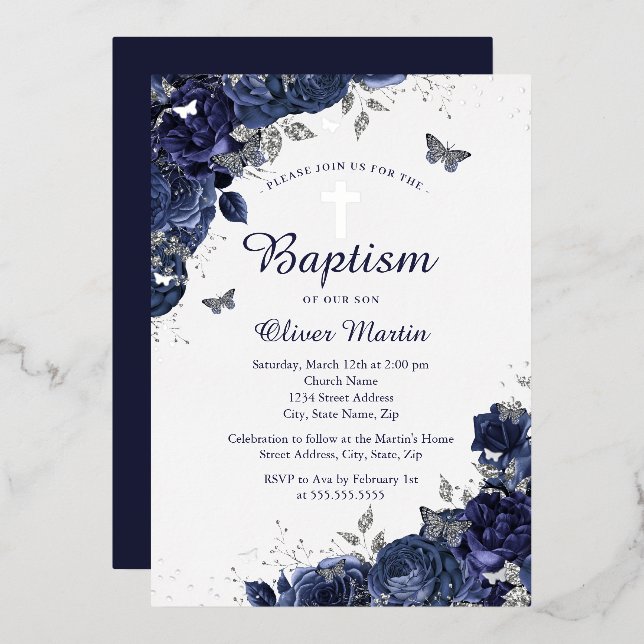 Floral Butterfly Boy Navy Blue Baptism  (Front/Back)