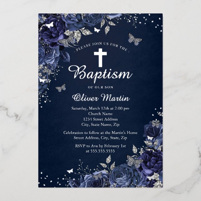 Floral Butterfly Boy Silver Navy Blue Baptism  (Front)