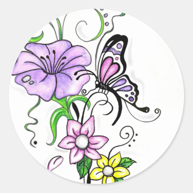 Floral Butterfly Classic Round Sticker (Front)