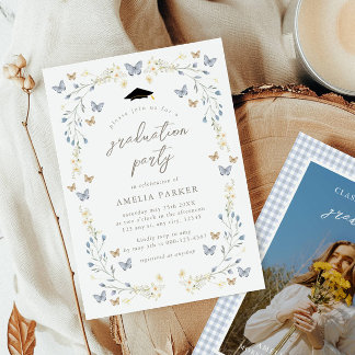 Floral Butterfly Dusty Blue Photo Graduation Invitation