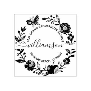Floral Butterfly Elegant Wreath Return Address Rubber Stamp