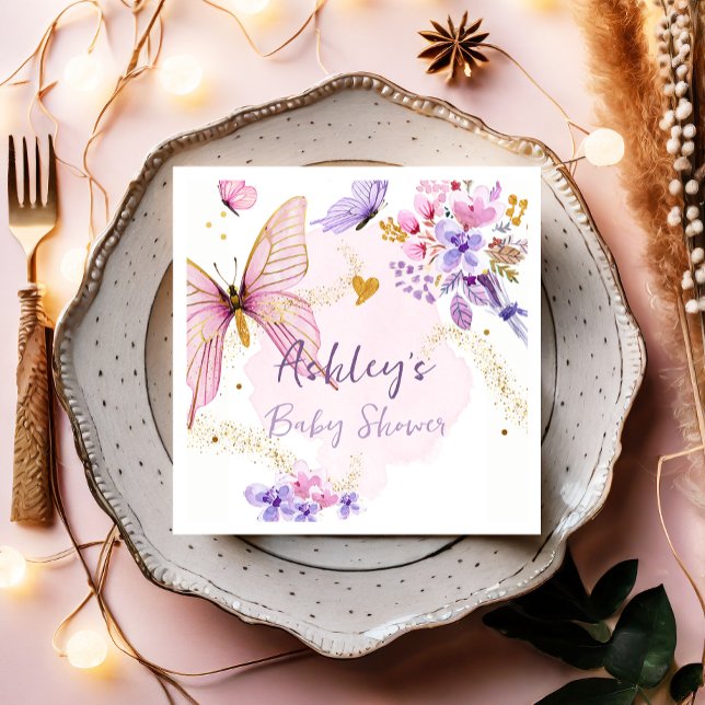 Floral Butterfly Garden Pink Girl Baby Shower Napkin (Creator Uploaded)