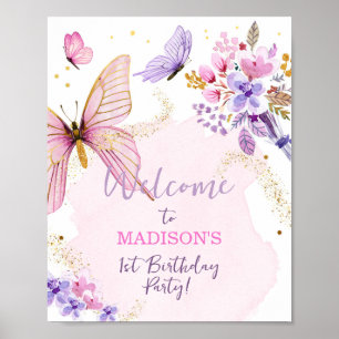 Floral Butterfly Garden Pink Girl Birthday Welcome Poster