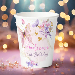 Floral Butterfly Garden Pink Purple Girl Birthday Paper Cups