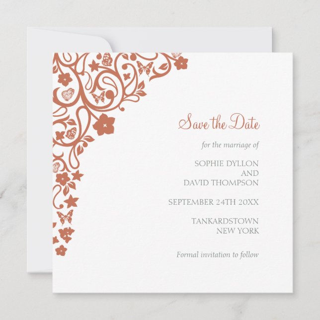 Floral Butterfly Garden Terracotta Square Wedding Save The Date (Front)