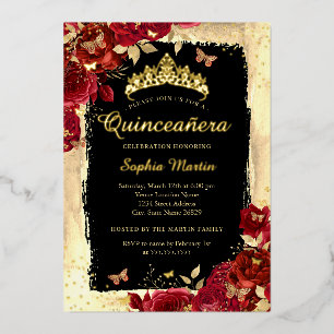 Floral Butterfly Gold Red Black Quinceanera