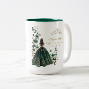 Floral Butterfly Green Gold Tiara Quinceañera Two-Tone Coffee Mug