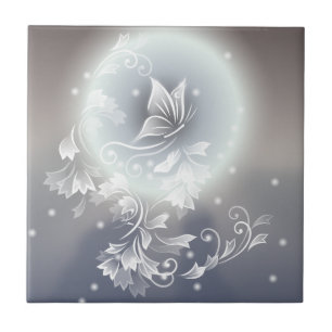 Floral Butterfly Grey Blue Animal Fantasy Ceramic Tile