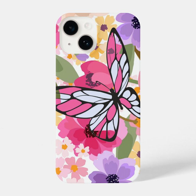 Floral Butterfly  iPhone Case (Shades of pink and white, set against a backdrop of colorful flowers.  )