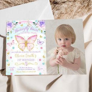 Floral Butterfly Kisses and Birthday Wishes Photo Invitation