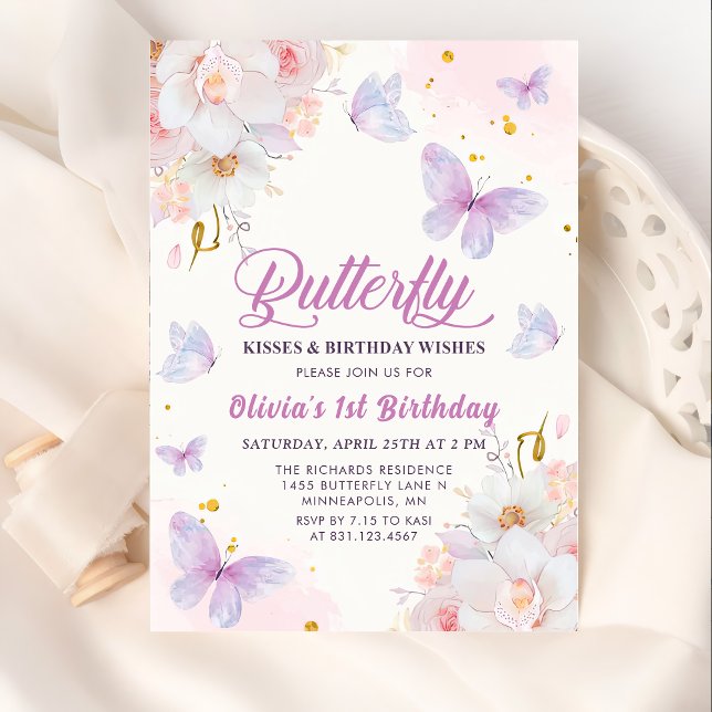 Floral Butterfly Kisses Purple Girl Birthday  Invitation (Creator Uploaded)