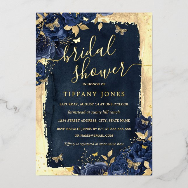 Floral Butterfly Navy Gold Bridal Shower  (Front)