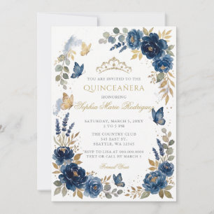 Floral Butterfly Navy Gold Tiara Quinceañera Invitation
