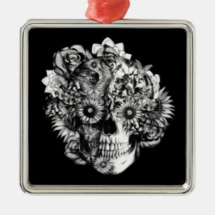 Floral Butterfly Ohm skull illustration in black Metal Ornament