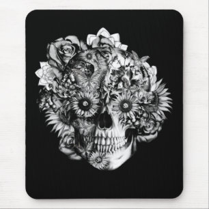 Floral Butterfly Ohm skull illustration in black Mouse Pad