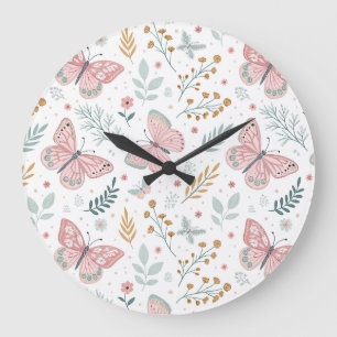 Floral Butterfly Pastel Garden Botanical Elegance Large Clock