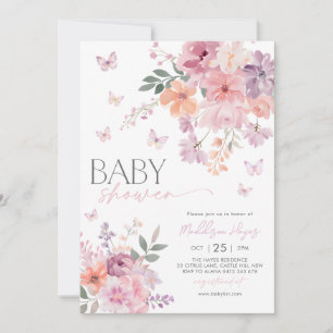 Floral Butterfly Pink Peach Purple Baby Shower Invitation