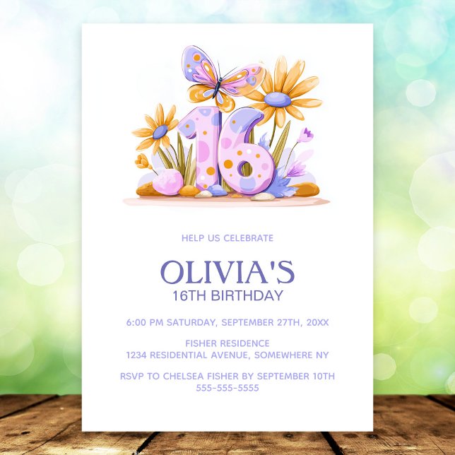 Floral Butterfly Pink Purple 16th Birthday Party Invitation (Creator Uploaded)