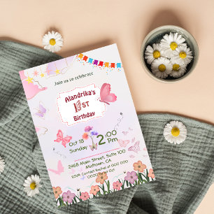 Floral butterfly pink & white 1st modern birthday invitation