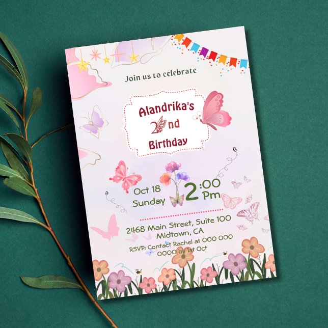 Floral butterfly pink & white 2nd modern birthday invitation (Creator Uploaded)