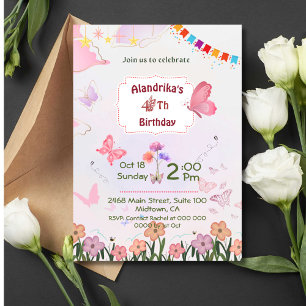 Floral butterfly pink & white 4th modern birthday invitation