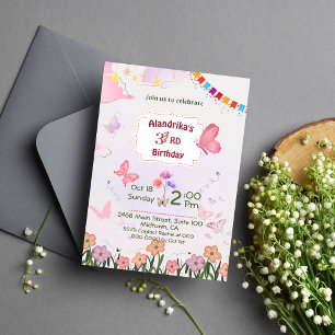 Floral butterfly pink & white cute 3rd birthday  invitation