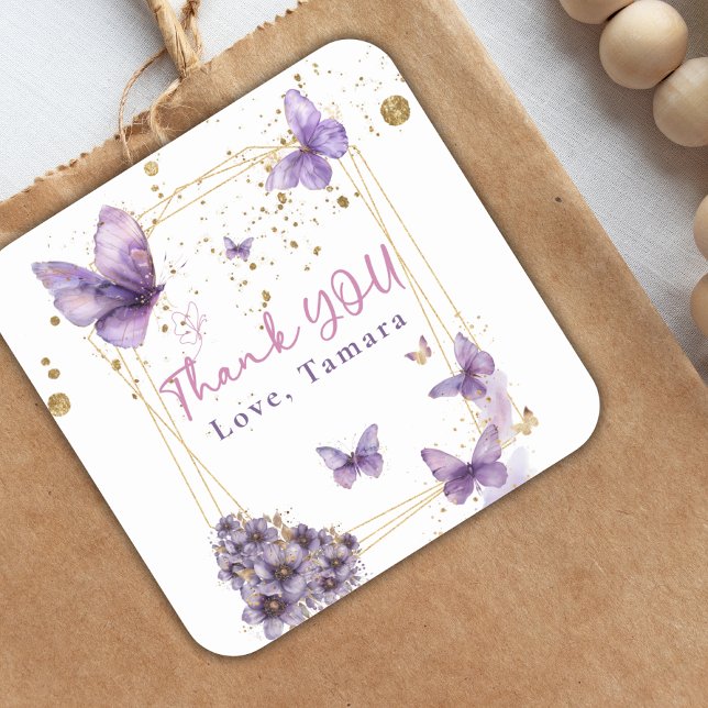 Floral Butterfly Purple Gold Baby Shower Party Square Sticker (Creator Uploaded)
