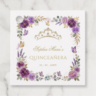 Floral Butterfly Purple Gold Tiara Quinceañera Favour Tags
