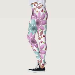 Floral Butterfly Seamless Pattern Pink and Mint Leggings