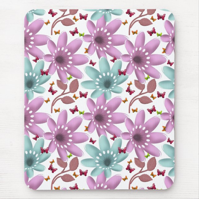 Floral Butterfly Seamless Pattern | Pink and Mint  Mouse Pad (Front)