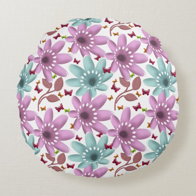 Floral Butterfly Seamless Pattern | Pink and Mint  Round Cushion (Front)
