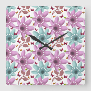 Floral Butterfly Seamless Pattern   Pink and Mint  Square Wall Clock