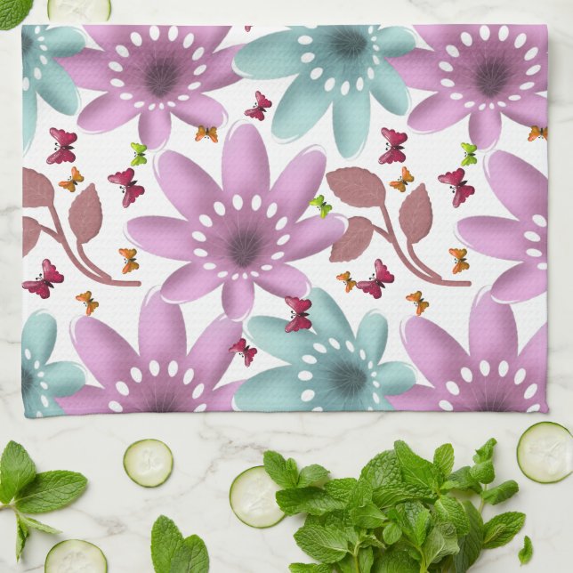 Floral Butterfly Seamless Pattern | Pink and Mint  Tea Towel (Folded)