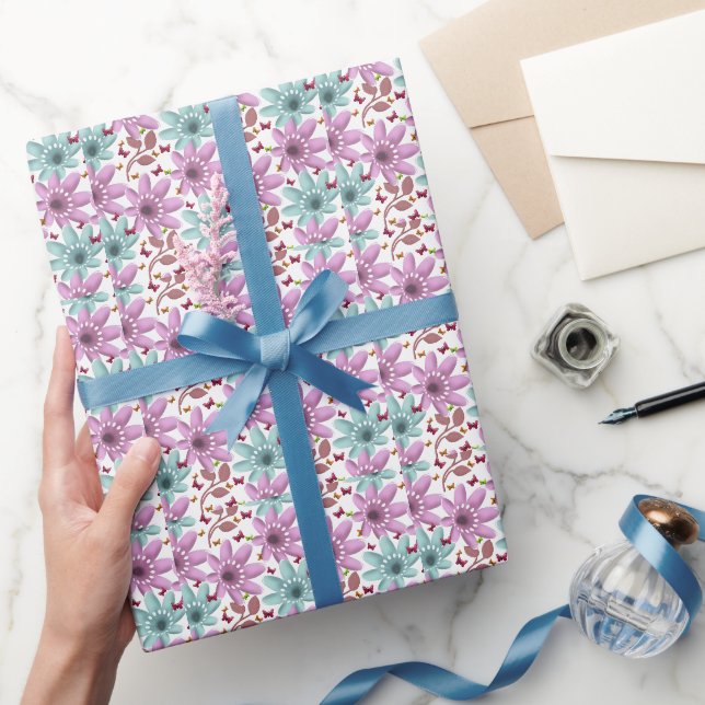 Floral Butterfly Seamless Pattern | Pink and Mint  Wrapping Paper (Gifting)