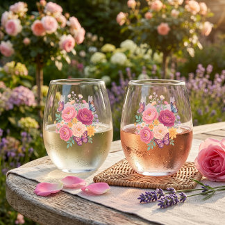 Floral Butterfly Set of 2 Stemless Wine Glass