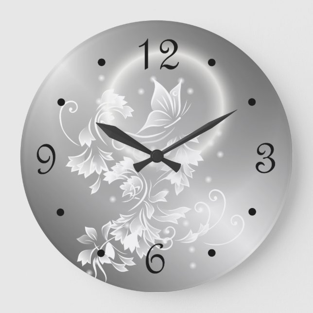 Floral Butterfly Silver Fantasy Numbers Large Clock (Front)