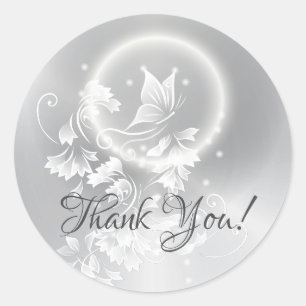 Floral Butterfly Silver Thank You Classic Round Sticker