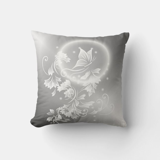 Floral Butterfly Silver White Fantasy Cushion (Front)