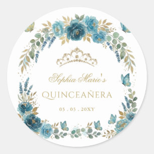 Floral Butterfly Teal Gold Tiara Quinceañera Classic Round Sticker