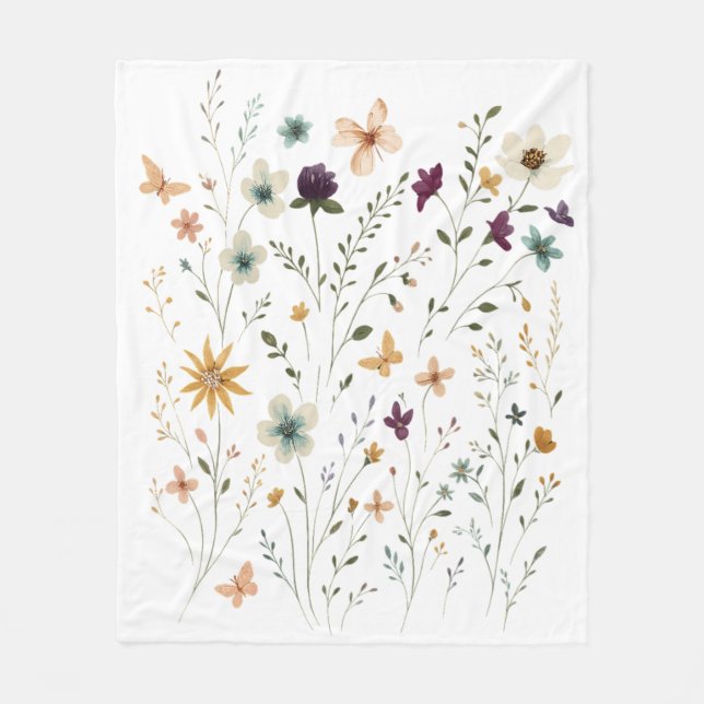 Floral & Butterfly,  Whimsical Garden-Inspired  Fleece Blanket (Front)
