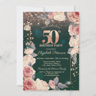 Floral,Butterly,Lights 50th Green Birthday Party Invitation