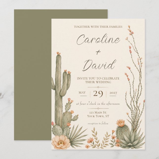 Floral Cactus Desert Flowers Wedding Invitation (Front/Back)