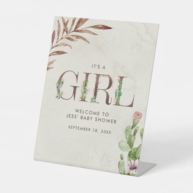 Floral Cactus Leather Baby Shower Welcome Pedestal Sign (Front)