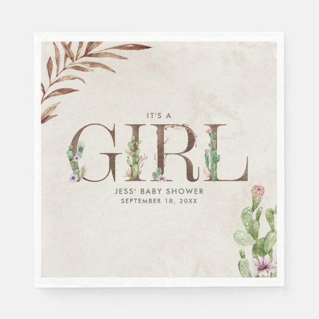 Floral Cactus Leather Girl Baby Shower Napkin (Front)