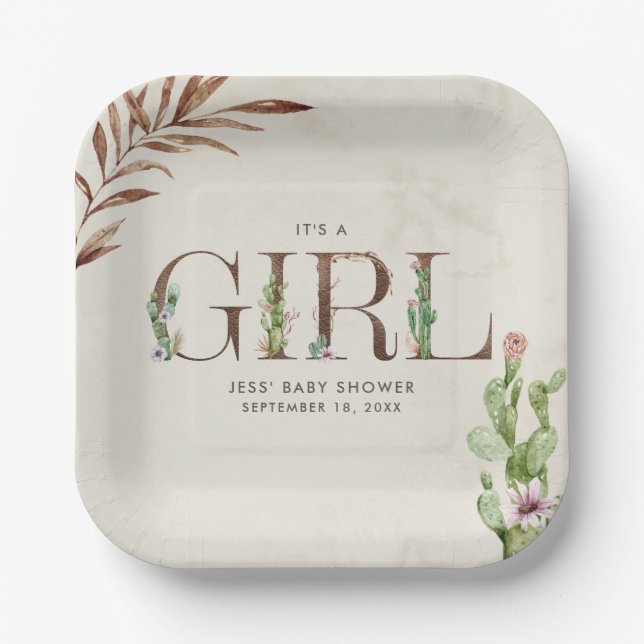 Floral Cactus Leather Girl Baby Shower Paper Plate (Front)