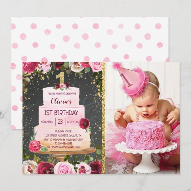 Floral Cake 1st Birthday Invitation With Photo (Front/Back)