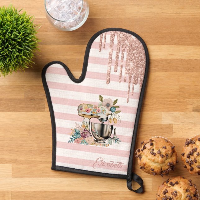 Floral Cake Mixer,Glitter Drips,Pink Stripes Oven Mitt (Top down)