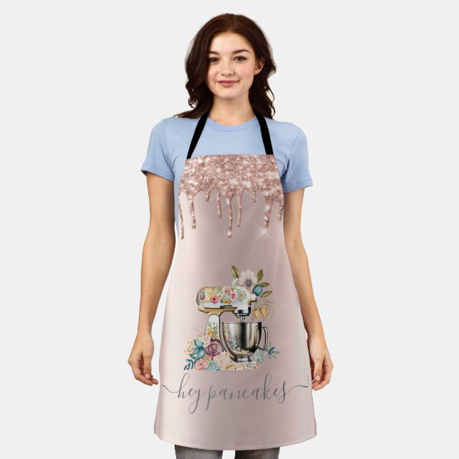 Floral Cake Mixer Glitter Drips Rose Gold  Apron (Worn)
