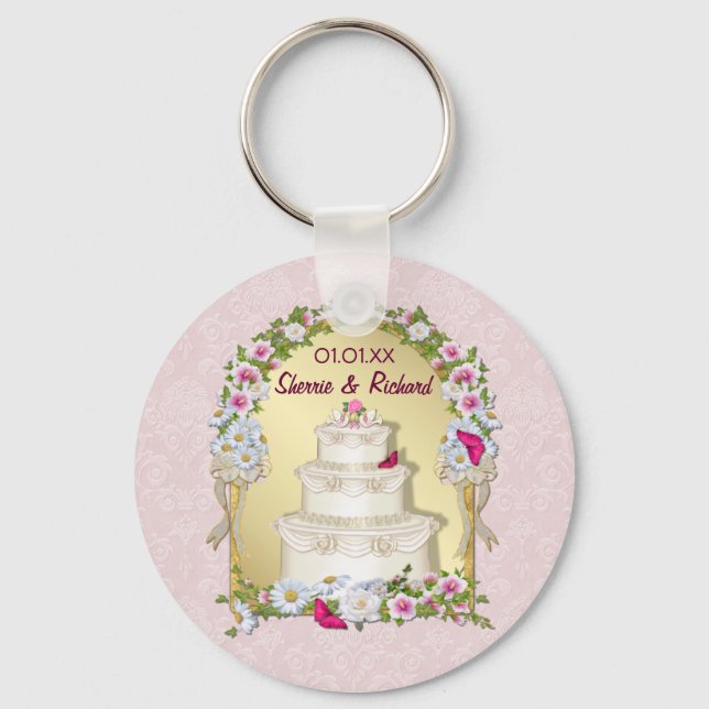 Floral Cake Wedding Key Ring (Front)