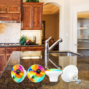 Floral California Poppies Wildflowers Orange Pink  Ceramic Knob